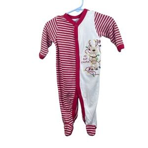 My First Christmas Outfit Red Striped Reindeer Holiday Footed Pajamas